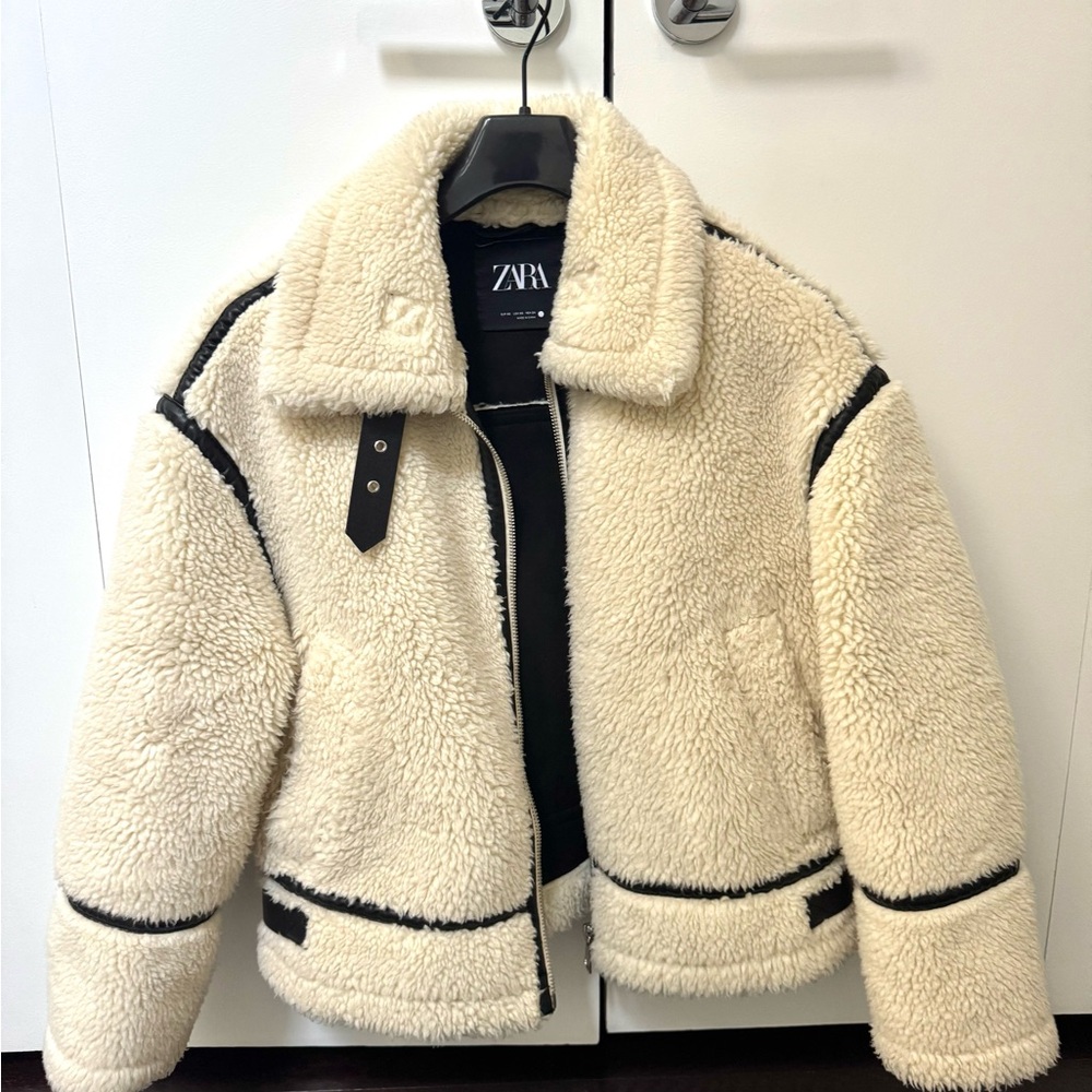 Zara Off-White Shearling Jacket with Black Trim